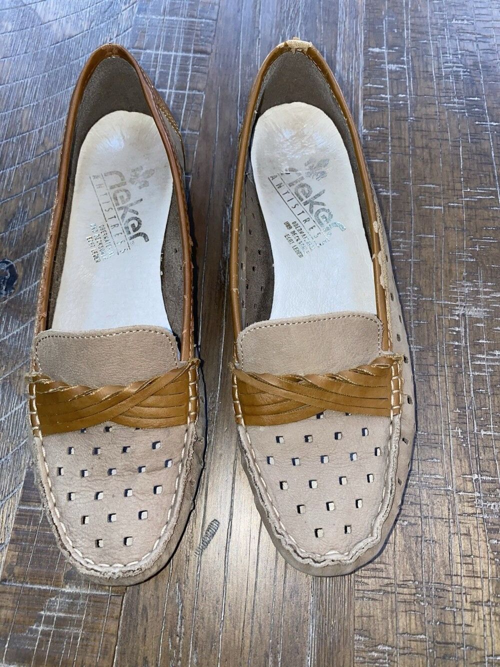 Rieker Antistress Leather Loafers | Taupe & Tan Perforated Flats | Size EU 39